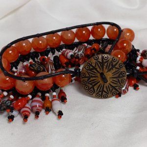 Woven Bracelet w/Orange Crackle Glass, Vintage Lampwork Beads on Fringe